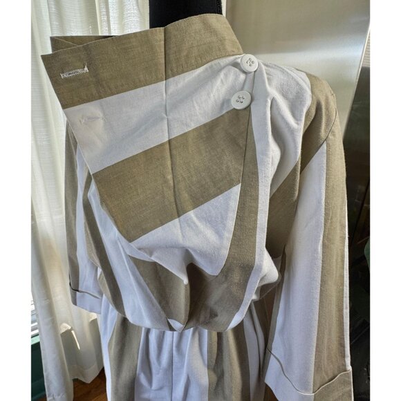 Vintage 80s jumpsuit, taupe & white stripes, avant-garde style, asymmetric top - Picture 7 of 10